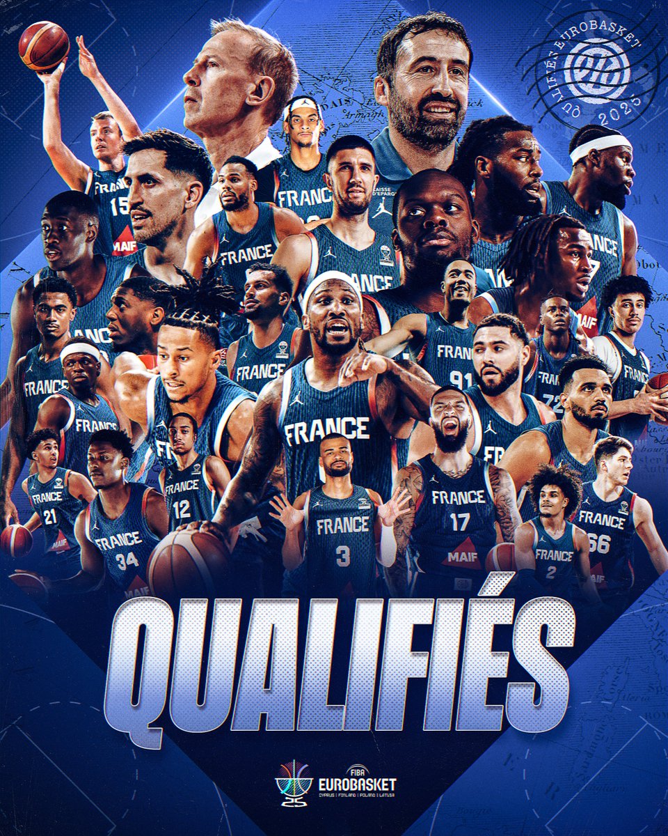 2⃣8⃣ joueurs, 2⃣ coachs, 1⃣ nation 🇫🇷

Les Bleus valident leur billet pour l'<a href="/EuroBasket/">FIBA EuroBasket</a> 2025 ! Merci pour cette nouvelle aventure pleine de succès 💙

#TeamFranceBasket | #PassionnémentBleu | #EuroBasket