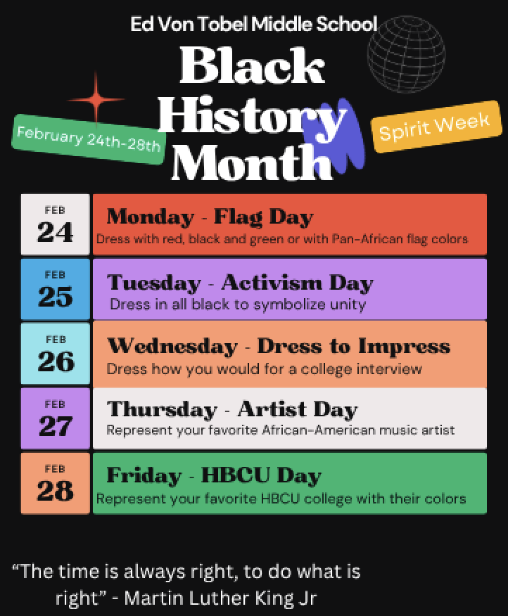 vtms1965's tweet photo. Hello Tigers Don't Forget "Black History Month"  Spirit Week...Please Follow the Rules...If you choose not to Follow Spirit Week Please be in School Uniform...Thank you!! https://t.co/jvqUTzdD0p