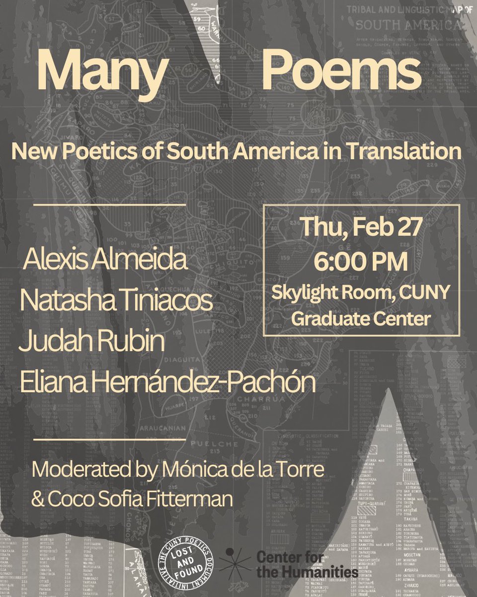 Bringing together poets &amp; translators of poets from South America, this event will consist of readings followed by a conversation around emerging poets from the region, and their work in translation, with an emphasis on small-press ecosystems:
centerforthehumanities.org/event/many-poe…