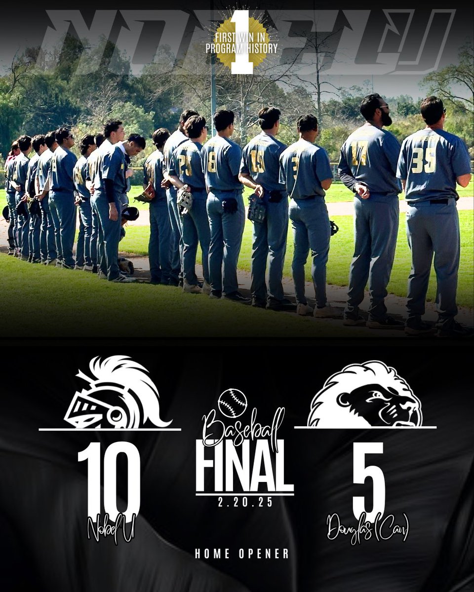 🎉 KNIGHTS WIN! - Final: Nobel 10, Douglas 5

Nobel U Baseball captures the first win in program history on Feb 20, 2025 vs Douglas College (CAN). 

Congrats to the coaches and players on this historic day in Nobel U Athletics History!

#SwordsUp⚔️