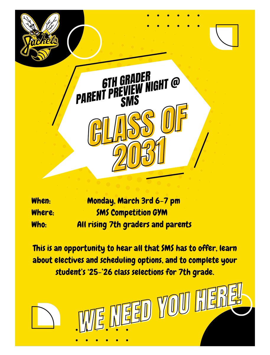 Parents of rising 7th graders, we have an SMS Preview Night planned just for you on March 3 from 6-7 pm.