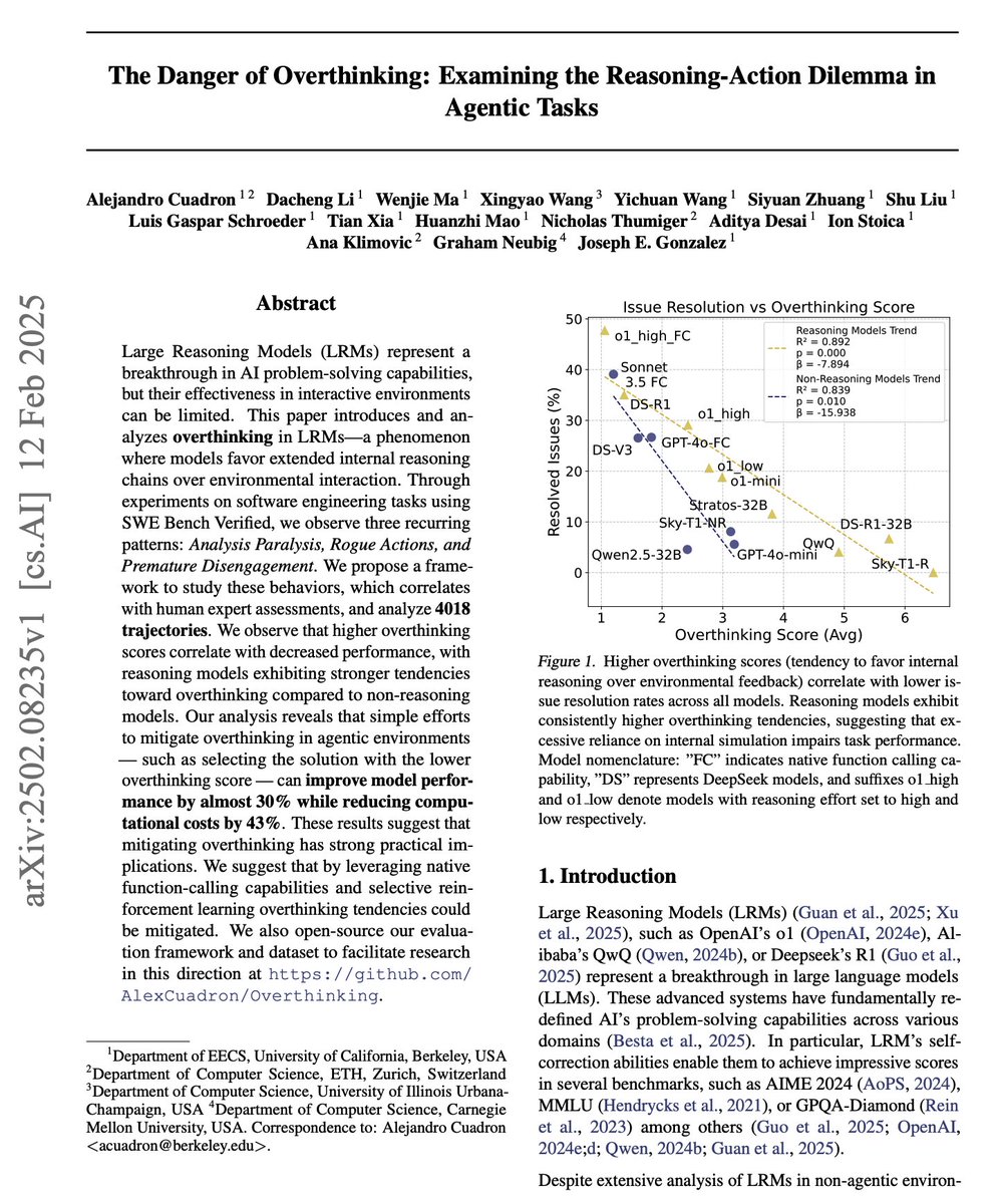 The Danger of Overthinking

There have been a few papers that look at overthinking in large reasoning models (LRMs).

This one provides the most extensive analysis of the issue.

It looks at 4K software engineering task trajectories to understand how reasoning models handle