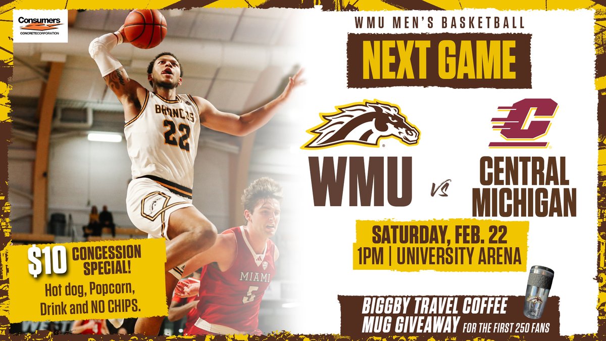 Western Michigan Broncos 🐎 (@wmubroncos) on Twitter photo Be sure to get to University Arena early on Saturday for <a href="/WMUMBB/">Western Michigan Men's Basketball</a> - first 250 fans get a <a href="/BIGGBYCOFFEE/">BIGGBY® COFFEE</a> travel coffee mug!
🎟️wmubroncos.com/tickets Be sure to get to University Arena early on Saturday for <a href="/WMUMBB/">Western Michigan Men's Basketball</a> - first 250 fans get a <a href="/BIGGBYCOFFEE/">BIGGBY® COFFEE</a> travel coffee mug!
🎟️wmubroncos.com/tickets