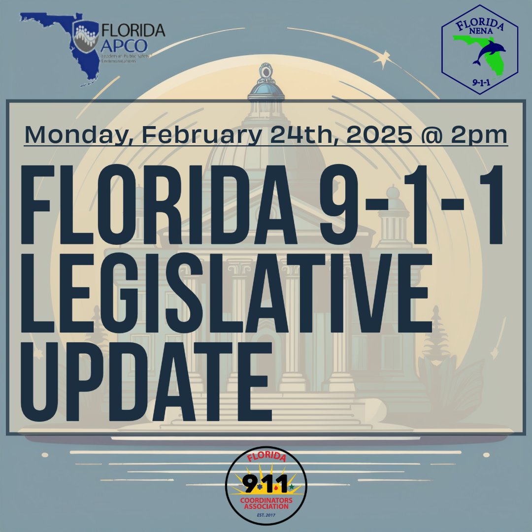 The next <a href="/flnenainc/">FLNENAINC</a>, FL 911 Coordinators, FL APCO Legislative Update is Monday the 24th @ 2pm. The meeting is virtual and will have lots of action items for FL PSTs to work towards. 

The Zoom link for the meeting will be available soon, DM us if you'd like it.

#FLAPCO