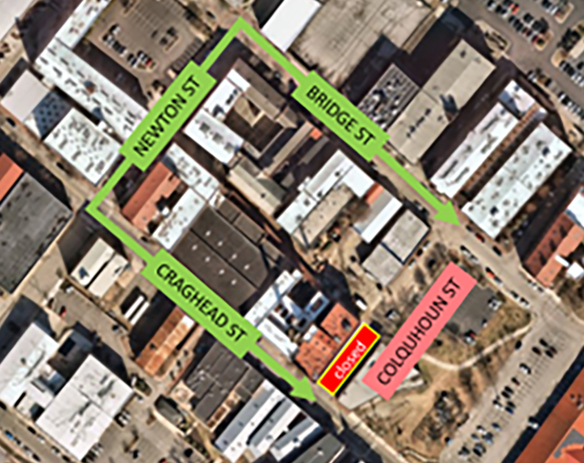 DETOUR SCHEDULED: We will close Colquhoun Street at Craghead Street from 7 a.m. Monday to 3:30 p.m. Wednesday for installation of a new sewer line to the development under construction at 539 Craghead St.
Traffic on Craghead Street should use Newton Street to reach Bridge Street.