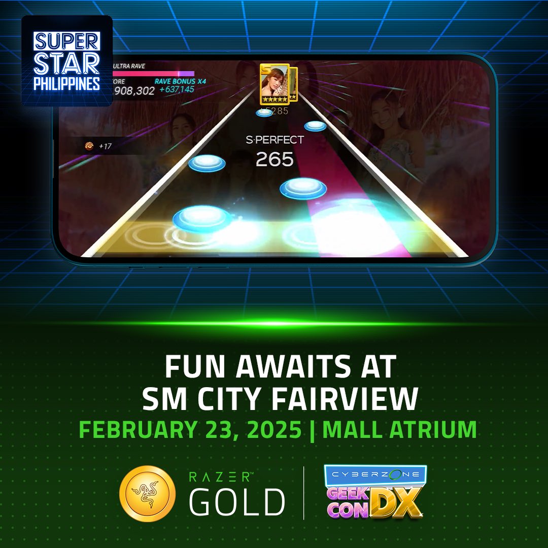 superstar_ph's tweet photo. 🎮 Superstar PH fans, get ready! 🎮

Join us at Cyberzone Geek Con DX and try out Superstar PH! 🌟

Take on game challenges during the Superstar PH on-stage segment and win awesome rewards! 🎁

Don't miss out on the fun! 🚀

#BastaGameLoadRazerGold #CyberzoneGeekConDX #SuperstarPH #GamingEvent