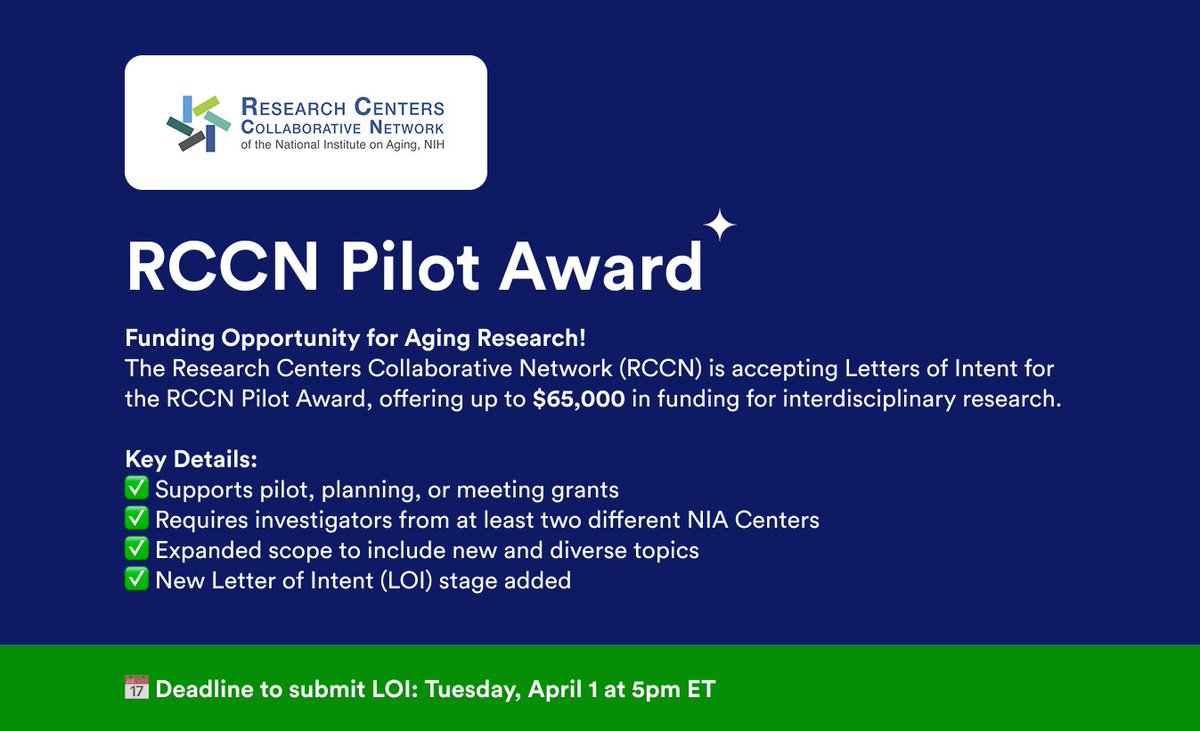 getNeuroUX's tweet photo. Funding Opportunity Alert! 📢

The Research Centers Collaborative Network (RCCN) is now accepting Letters of Intent for the RCCN Pilot Award, offering up to $65,000 in direct costs per award! This is an excellent opportunity for interdisciplinary research in cross-cutting theme areas.

Review the updated RFA and submission instructions here: https://t.co/5ksvhtw6C9

Key Details:
➡️ At least two collaborative pilot, planning, or meeting grants will be funded.
➡️ Proposals must include investigators affiliated with at least two different NIA Centers Programs, such as AITCs, Shock, Roybal, Pepper Centers, Resource Centers for Minority Aging Research, Centers for Demography and Economics of Aging, and Alzheimer’s Disease Research Centers.
➡️ The RFA has been revised to allow a wider variety of topics, including those not previously covered by an RCCN Workshop.
➡️ A new Letter of Intent (LOI) stage has been added.

🗓️ Deadline to submit LOI: Tuesday, April 1 at 5pm ET

For questions, reach out to contact@rccn-aging.org
