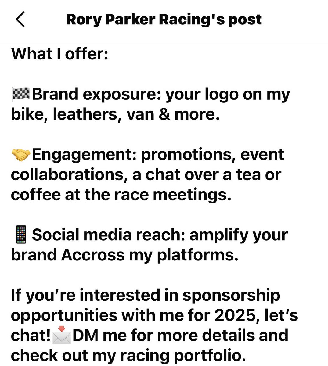 Lbartram's tweet photo. EXCITING MOTORCYCLE RACING SPONSORSHIP OPPORTUNITY! 🏁

RORY PARKER!

In 2025 Rory will be competing in the Andreas Racing Association Centre Championship on the Isle of Man and the British Superstock Championship.

Anyone interested let me know &amp; I will put you in touch! 

#BSB https://t.co/1Wb3LFNzer