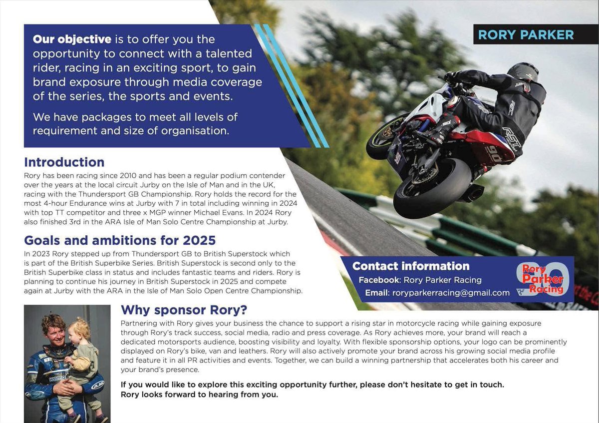 Lbartram's tweet photo. EXCITING MOTORCYCLE RACING SPONSORSHIP OPPORTUNITY! 🏁

RORY PARKER!

In 2025 Rory will be competing in the Andreas Racing Association Centre Championship on the Isle of Man and the British Superstock Championship.

Anyone interested let me know &amp; I will put you in touch! 

#BSB https://t.co/1Wb3LFNzer