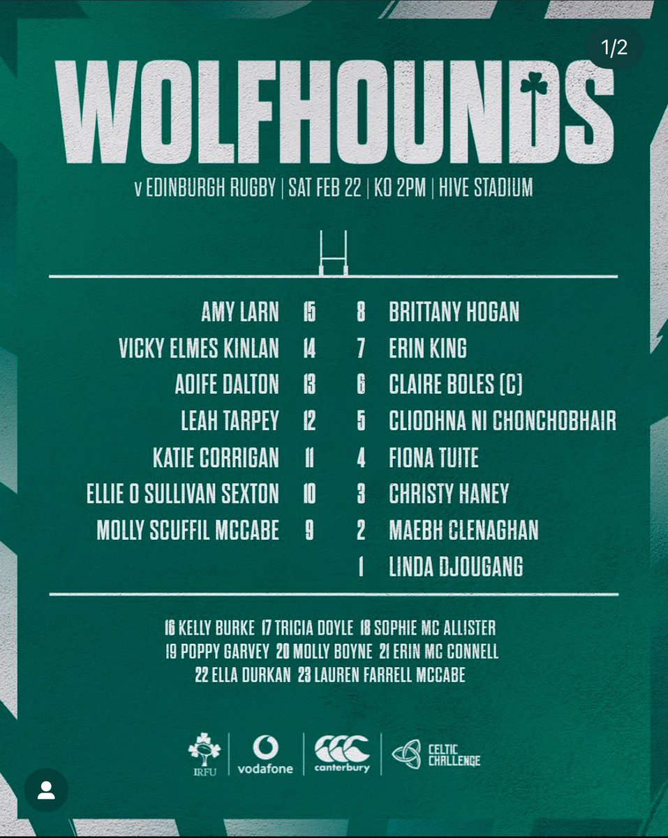 Absolutely delighted for <a href="/SuttoniansRFC/">Suttonians RFC</a> <a href="/BalbrigganCCRO/">BalbrigganCCRO</a> Lauren on the bench for the <a href="/IrishRugby/">Irish Rugby</a> wolfhounds this weekend! Buzzing for you! Go well #wolfhounds #celticchallenge