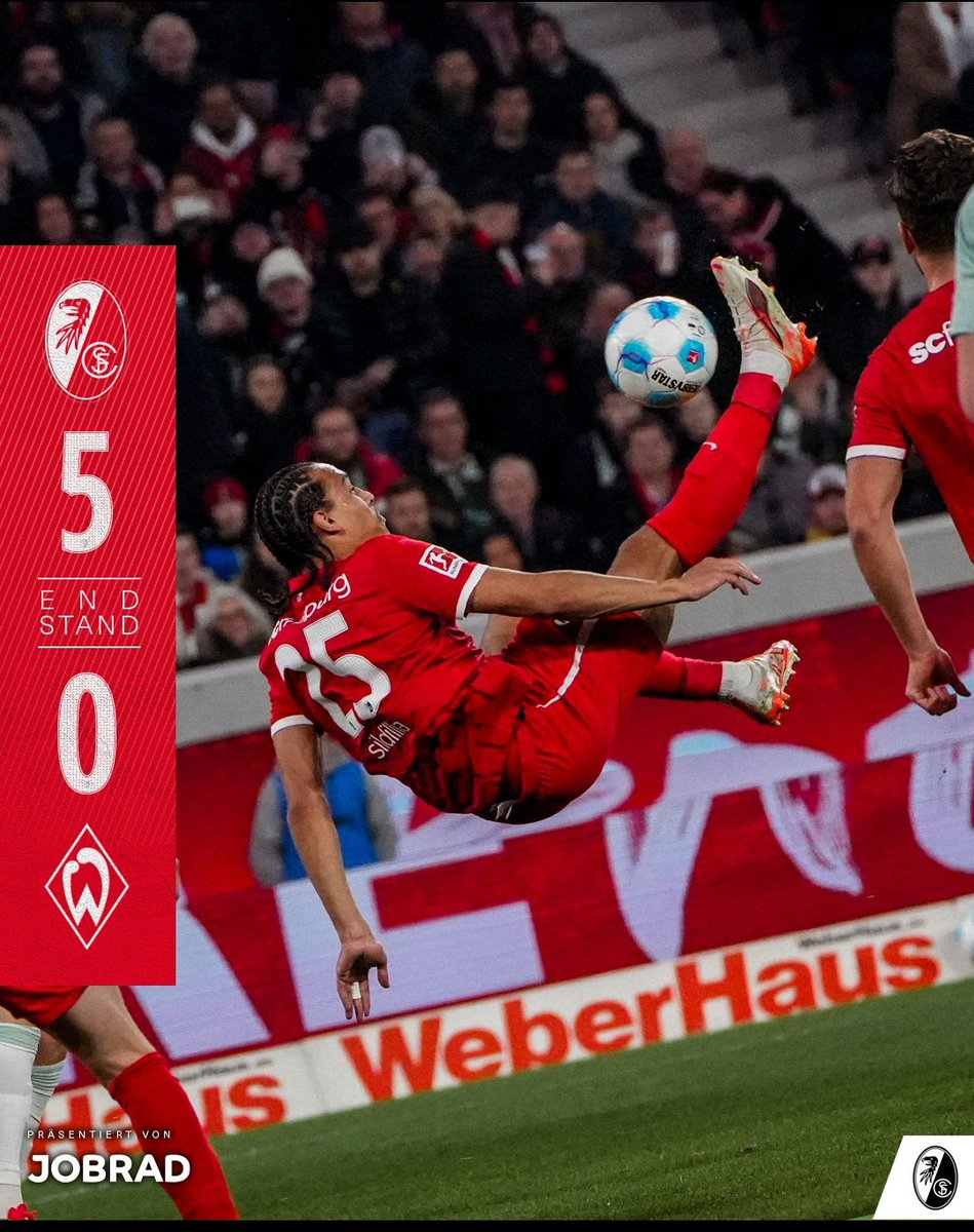 SFutebol16's tweet image. FIM DE JOGO! 🤯

🇩🇪 Bundesliga - Rodada 23:

Freiburg 5-0 Werder Bremen 
15' Kiliann Sildillia
33' Vincenzo Grifo
57' Vincenzo Grifo
76' Ritsu Doan
90+2' Ritsu Doan

#SCFSVW #Bundesliga