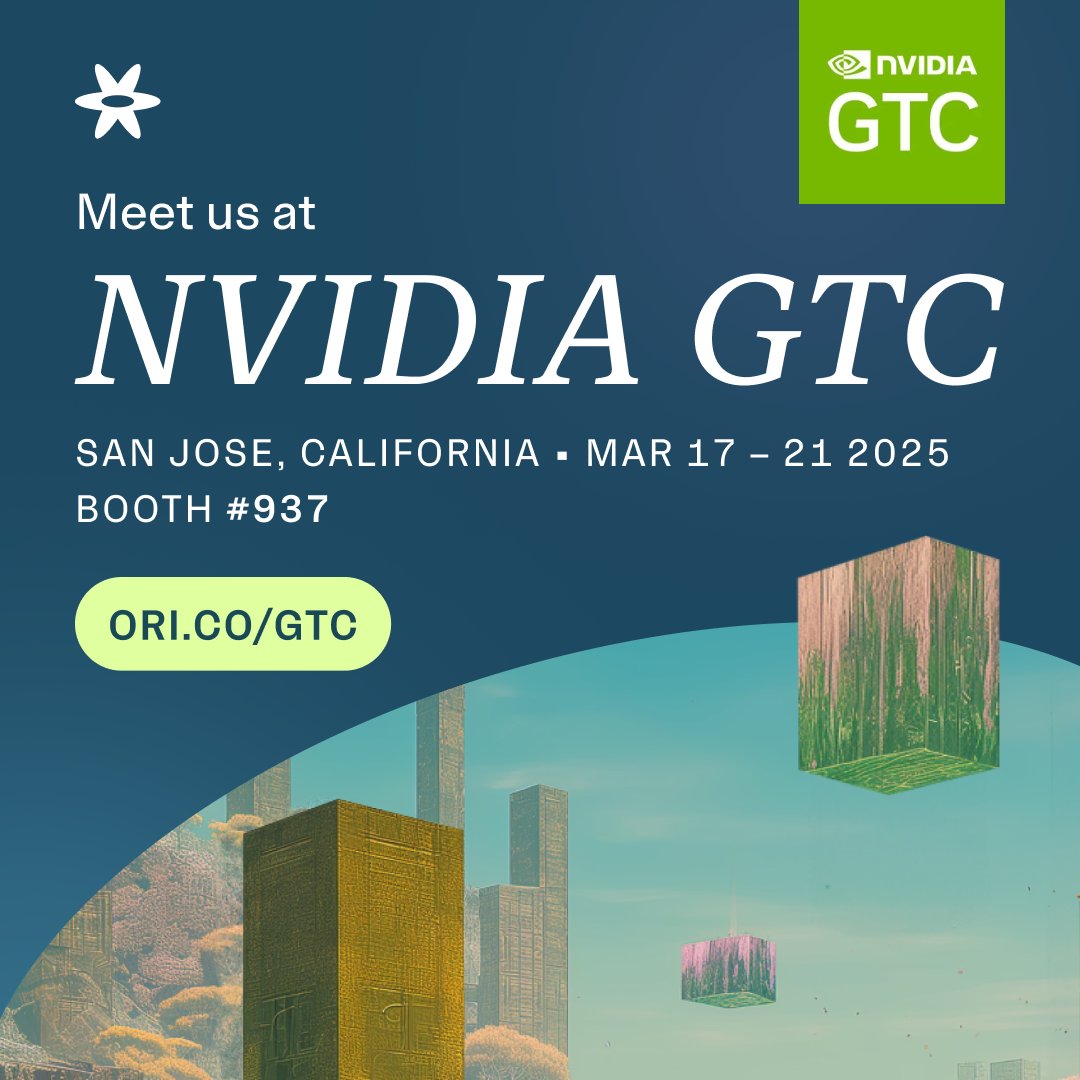 origlobalcloud's tweet image. At Ori, we’re building the new standard in AI cloud infrastructure. See it in action at @nvidia GTC, from March 17-21 in San Jose. Visit Booth # 937 to explore Ori’s end-to-end AI platform, designed for limitless performance, flexibility and scaling.
