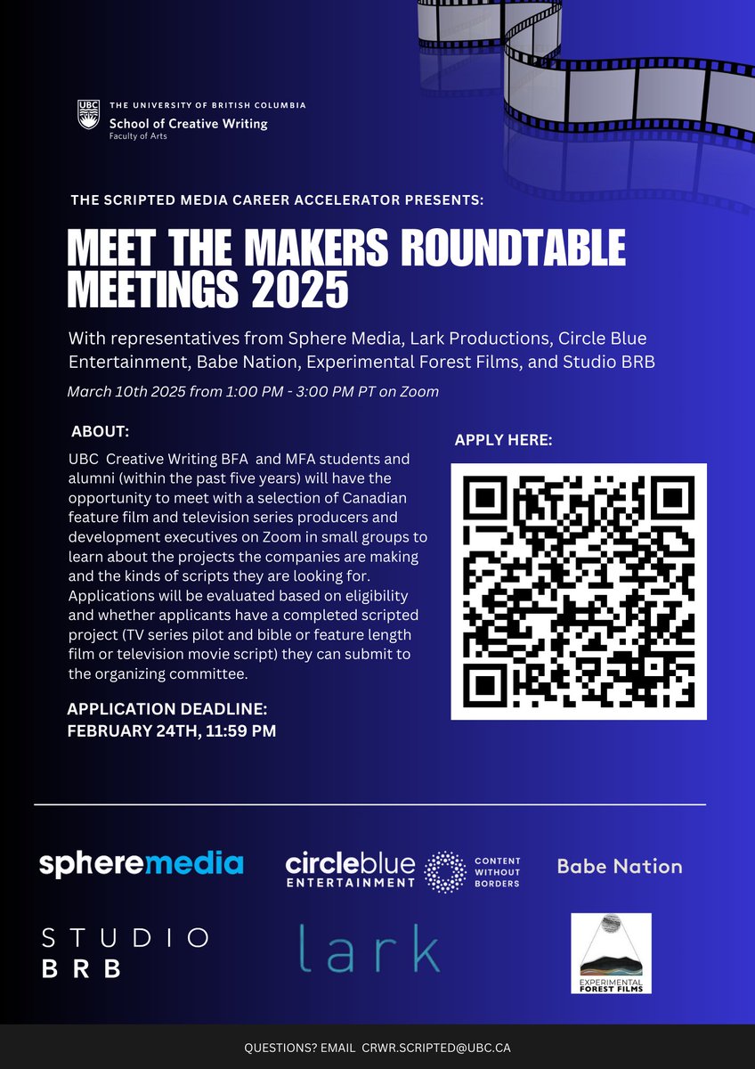 The Scripted Media Career Accelerator is hosting another Meet the Makers roundtable event in March. This event is open to our BFA and MFA alumni who have graduated in the last five years. The deadline to apply to participate is on Monday, February 24. crwr.air.arts.ubc.ca/forms/meet-the….