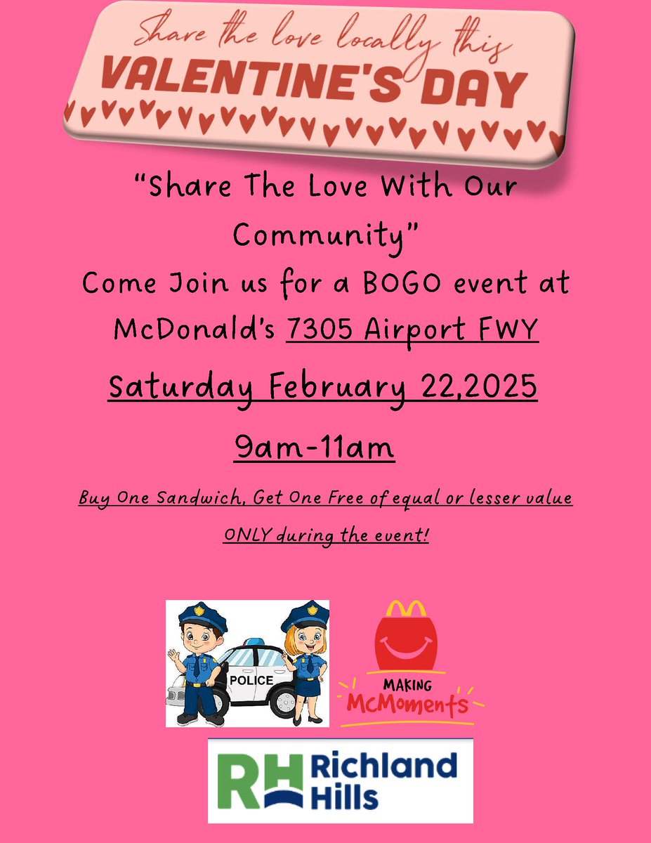 Tomorrow (Feb. 22) is Coffee with Cops! Come see us at McDonald's, 7305 Airport Fwy, from 9 am to 11 am. ☕ 💛  👮