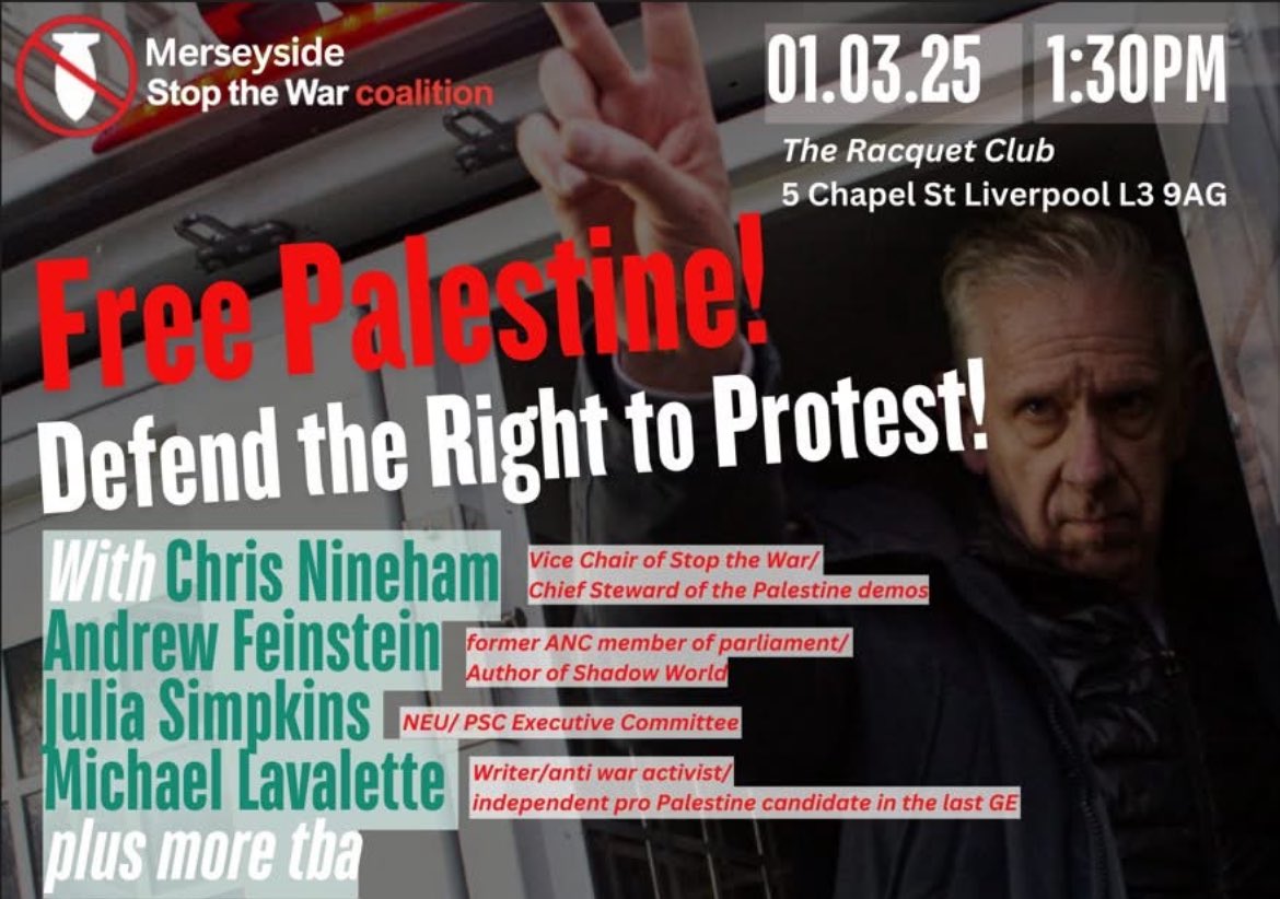 Looking forward to speaking at this meeting with ⁦<a href="/ChrisNineham/">Chris Nineham</a>⁩ who was so violently arrested. Join us in Liverpool to Defend the Right to Protest