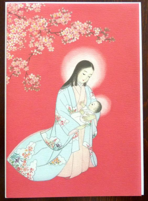 TheChurchInAsia's tweet photo. A Japanese Carmelite painting of the Virgin Mary holding the Christ child under a sakura tree. https://t.co/E4nKKuEz9i