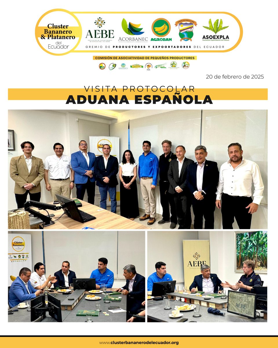 Clúster Bananero del Ecuador (@clusterbananero) on Twitter photo Recibimos a la aduana española 🇪🇨🤝🇪🇸 en un encuentro clave para reforzar la cooperación en los desafíos transnacionales. 
¡Comprometidos con el fortalecimiento de nuestra cadena de valor! 
🍌✨
#ClusterBananero #BananoSeguro Recibimos a la aduana española 🇪🇨🤝🇪🇸 en un encuentro clave para reforzar la cooperación en los desafíos transnacionales. 
¡Comprometidos con el fortalecimiento de nuestra cadena de valor! 
🍌✨
#ClusterBananero #BananoSeguro