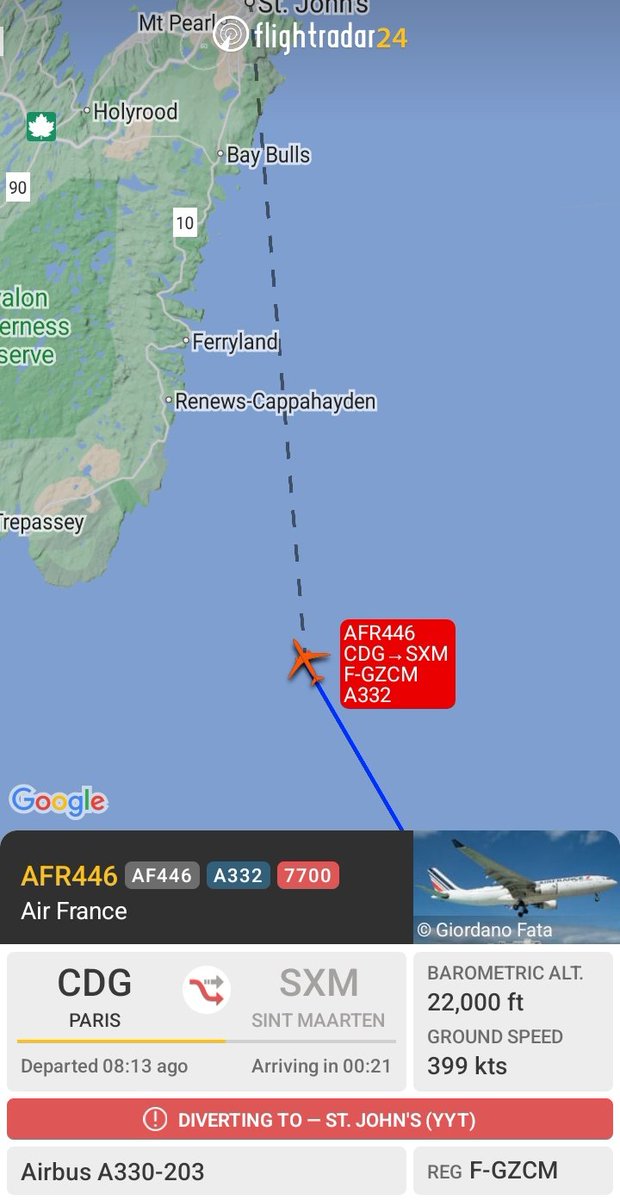 Turbinetraveler's tweet photo. #AF446 has now squawked emergency code 7700 on approach to St.John's ,Canada. https://t.co/VNsNhiNHQN