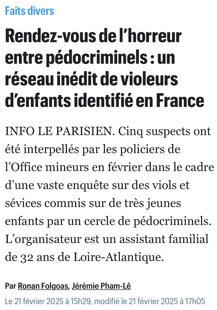 Voici deux ans j'étais "complotiste" et "fou" selon Le Parisien parce que les réseaux pédocriminels que je dénonce depuis 20 ans n'existaient pas. Et voilà que Le Parisien devient à son tour complotiste et fou ! 
Bienvenue au club.  "réseau inédit" ? Sérieux ?