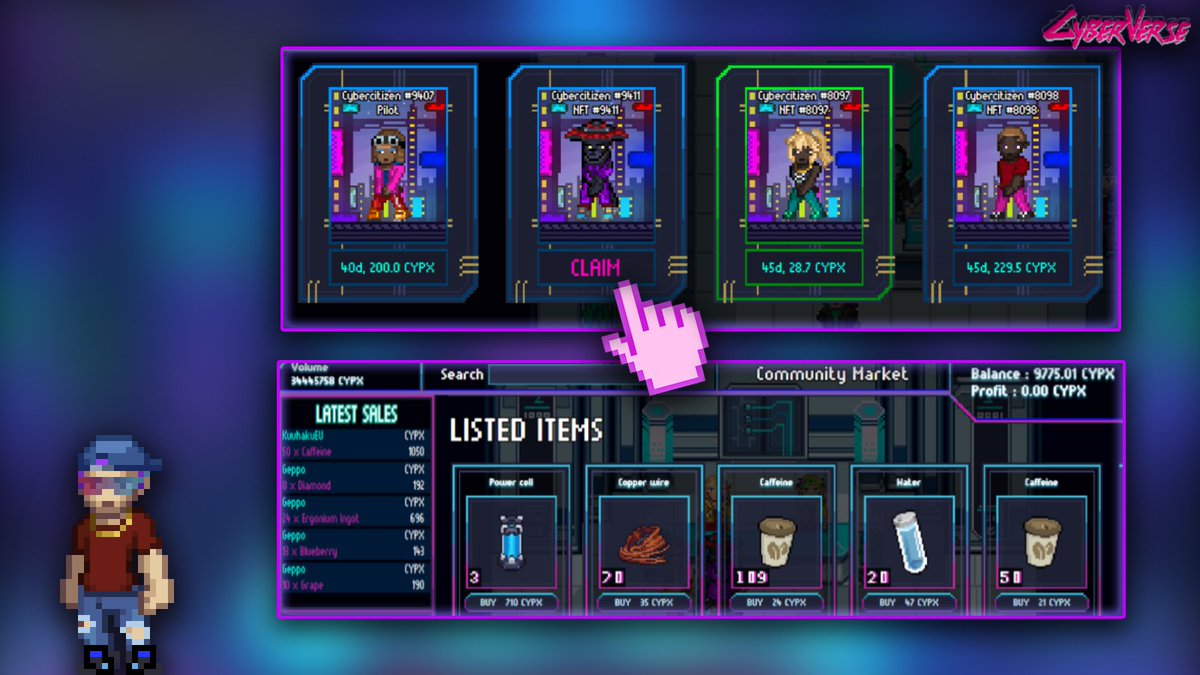 🏦 CyberVerse Bank – What's inside?👀

🔹Accumulated Rewards  – If you own a CyberCitizen NFT, you can accumulate token rewards daily! The higher your CyberCitizen levels and rarity are  the more rewards you get.

🔹Community Market – Buy, sell and trade tools, resources, crafted