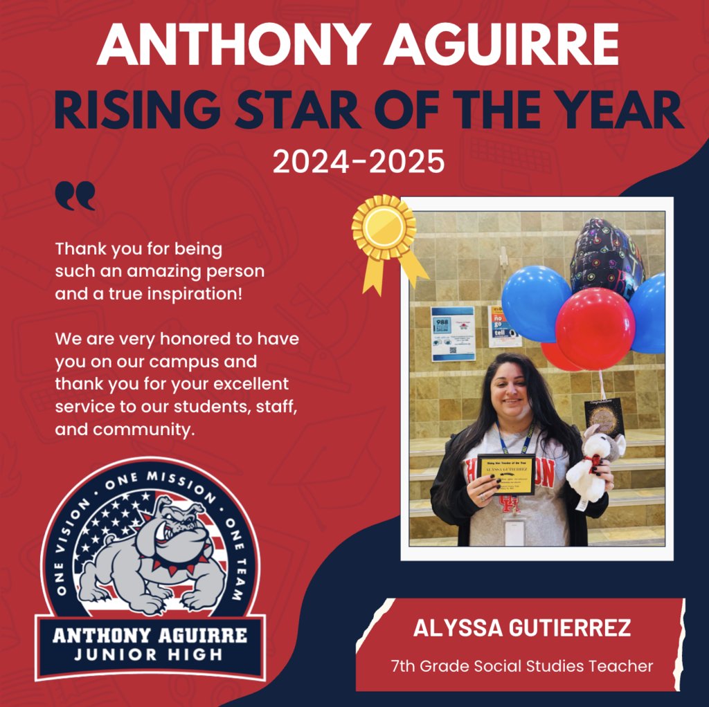 A huge congratulations to our Rising Star of the Year, 7th Grade Social Studies Teacher, Mrs. Alyssa Gutierrez! We are very honored to have you on our campus and thank you for your excellent service to our students, staff, and community. #BulldogNation ❤️🐾