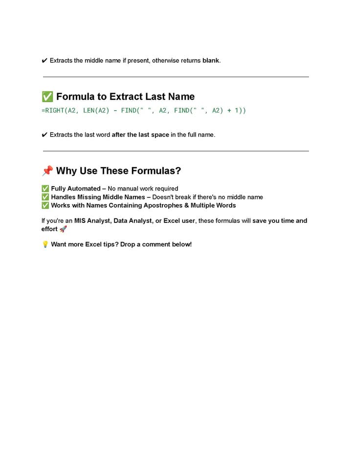 NairokSolutions's tweet photo. Extract First, Middle &amp; Last Name in Excel Using Formulas
🚀 Dealing with customer names in Excel? Need to split First Name, Middle Name, and Last Name automatically? Here's how you can do it using Excel formulas like LEFT, MID, RIGHT, FIND, IFERROR, and TRIM!
1/ https://t.co/F20bBk08ct