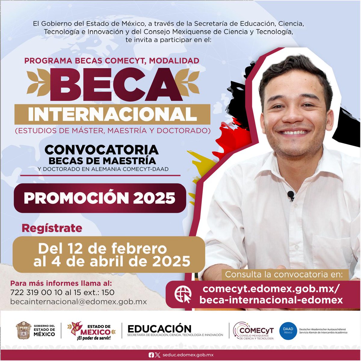 ¿Quieres estudiar un posgrado en el extranjero? 
El #COMECyT y el Servicio Alemán de Intercambio Académico (Deutscher Akademischer Austauschdienst, DAAD) tienen una Beca Internacional esperando por ti.
Conoce más 📷 comecyt.edomex.gob.mx/beca-internaci…
#ElPoderDeLaCiencia