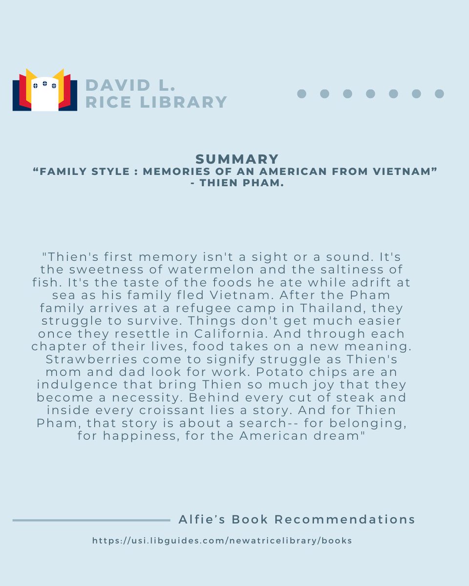 RiceLib's tweet image. It's New Fiction Friday! 🎉  

You can borrow 'Family Style' today! You can place your hold on new popular fiction: library.usi.edu/record  

 As much as Alfie loves giving suggestions, he loves receiving them, too! What do you recommend Alfie read next?  
-  
#usi #ricelibrary