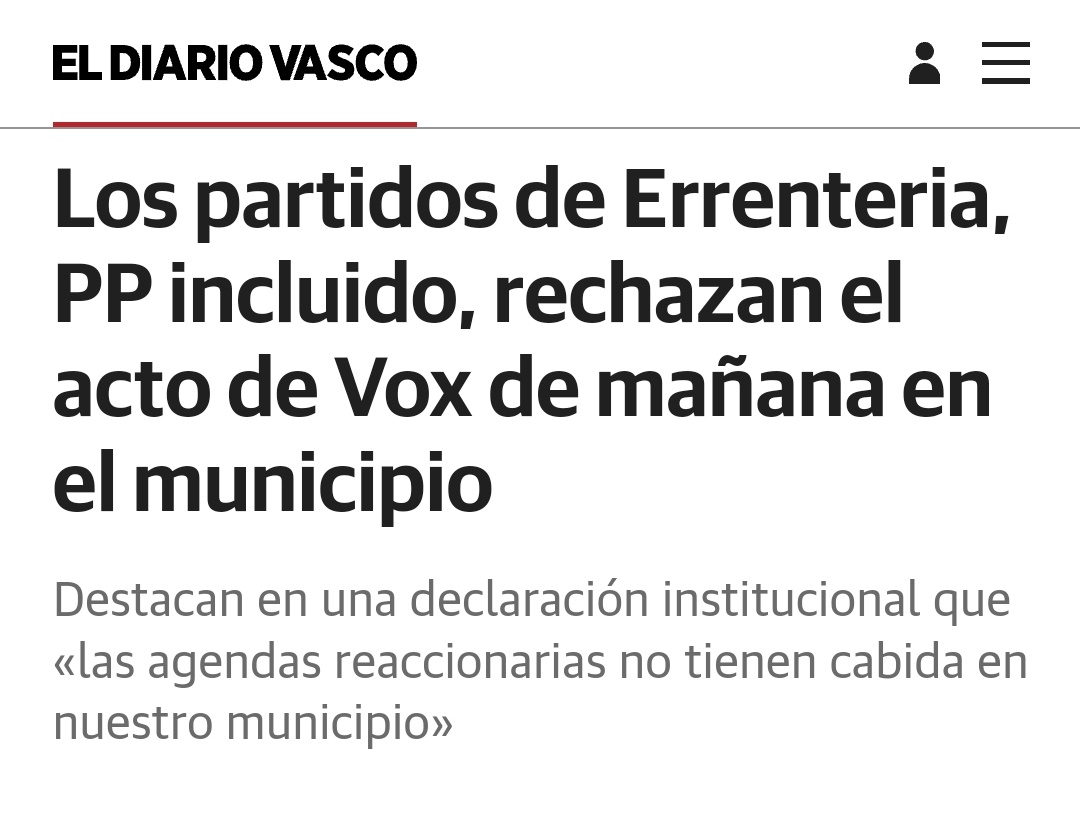 JosemaVallejo's tweet photo. VOX va a poner una mesa informativa en Errenteria, donde gobierna Bildu.

Como es lógico en los herederos de ETA, el ayuntamiento ha emitido un comunicado llamando a hacer el vacío, lo que en su idioma significa reventar el acto.

-El PP ha apoyado
-¿El acto de VOX?
-No, a Bildu. https://t.co/WuViYbHkyJ