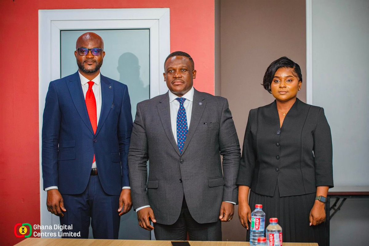 MocPro's tweet photo. Hon. Samuel Nartey George, Minister of  Communication, Digital Technology and Innovations, yesterday formally introduced Mr. Dzifa GUNU, the Chief Executive Officer and Ms. Christine Ansong, the Deputy CEO of Ghana Digital Centres Limited to the staff and management @samgeorgegh https://t.co/asZgKOxoDr