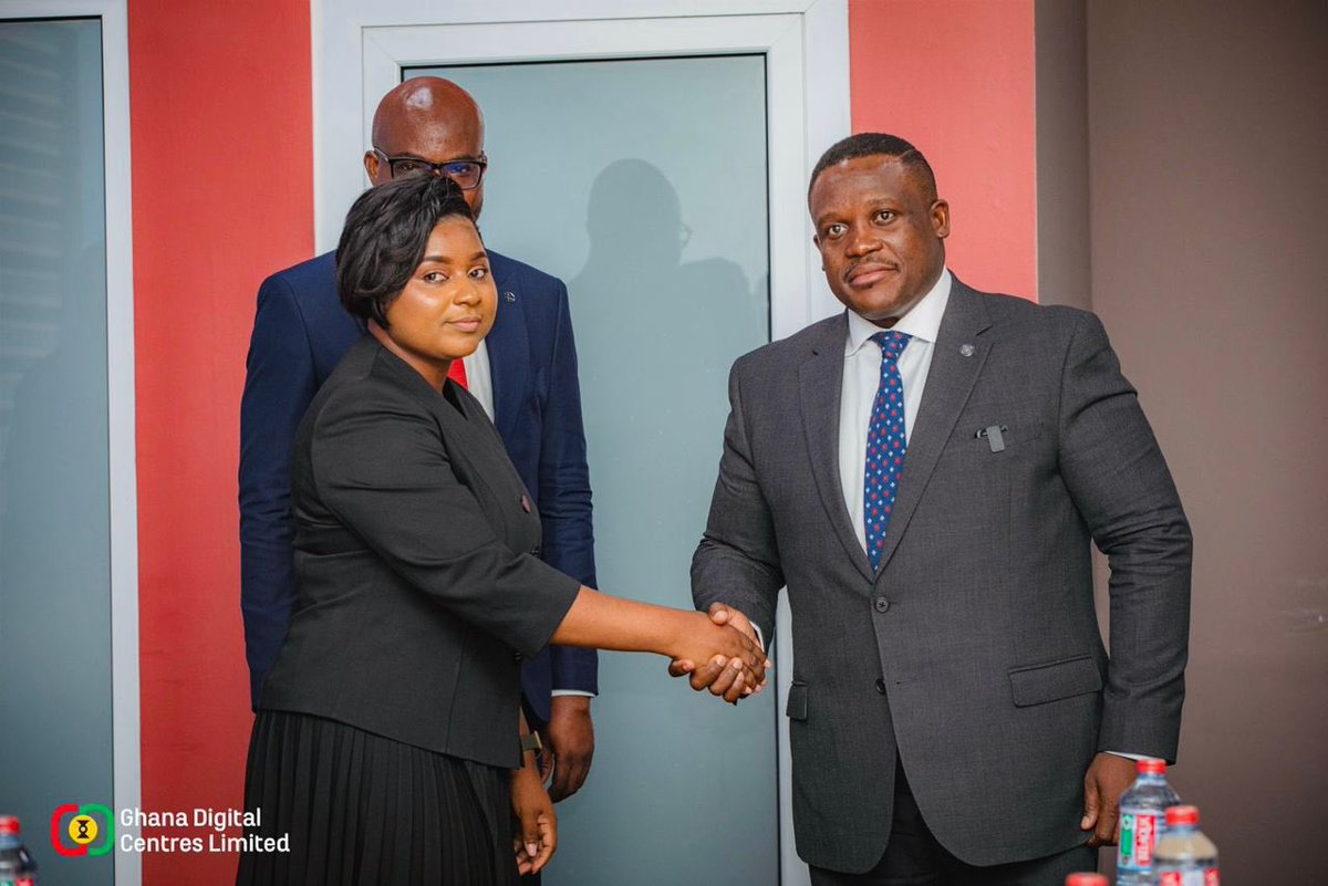 MocPro's tweet photo. Hon. Samuel Nartey George, Minister of  Communication, Digital Technology and Innovations, yesterday formally introduced Mr. Dzifa GUNU, the Chief Executive Officer and Ms. Christine Ansong, the Deputy CEO of Ghana Digital Centres Limited to the staff and management @samgeorgegh https://t.co/asZgKOxoDr