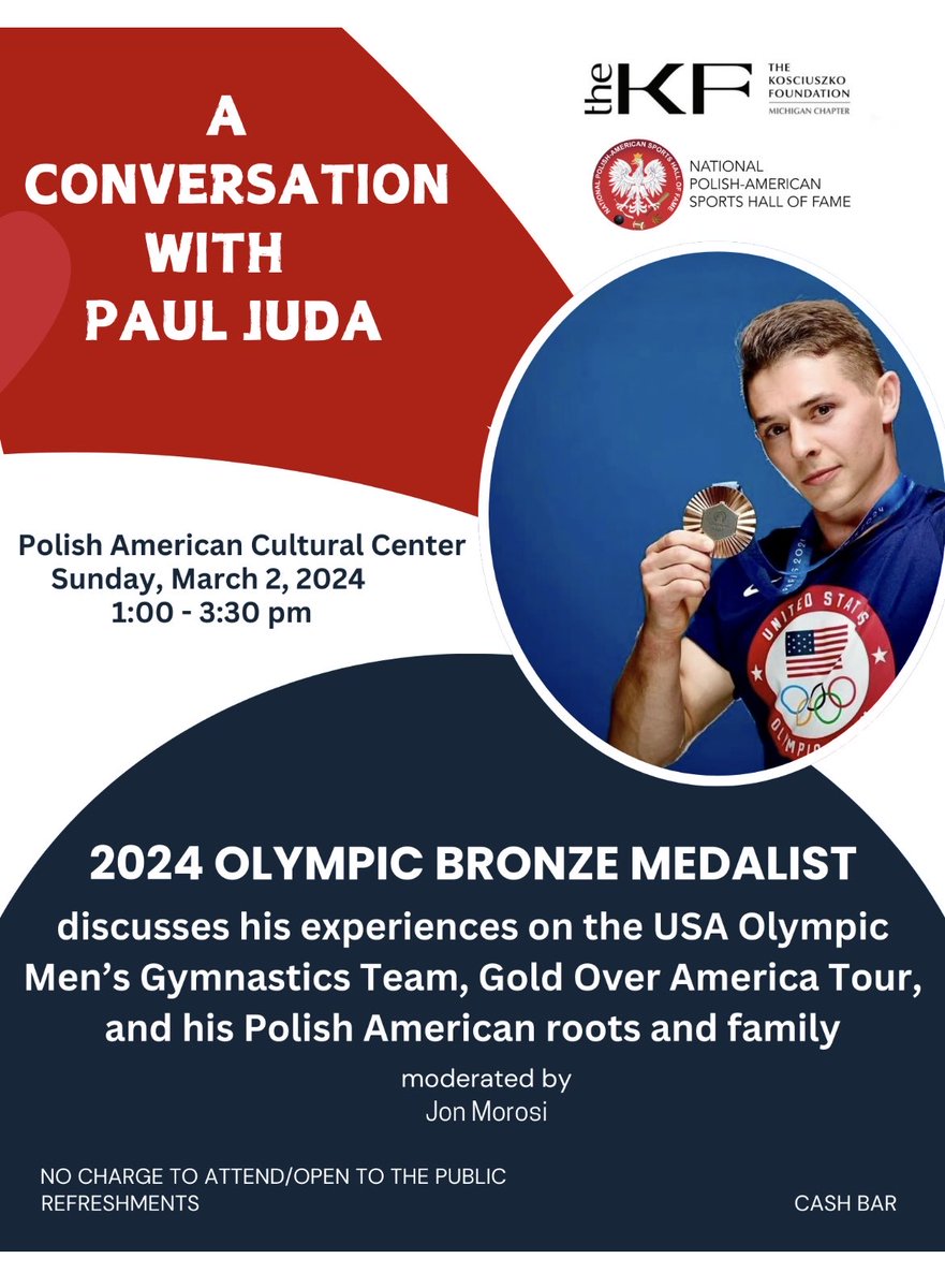 Jon Morosi (@jonmorosi) on Twitter photo Honored to moderate this <a href="/KosciuszkoFound/">Kosciuszko Foundation</a> event with <a href="/PaulJuda2/">Paul Juda</a>, the <a href="/USAGym/">USA Gymnastics</a> Olympic bronze medalist and <a href="/UMichGym/">Michigan Gymnastics 🏆</a> star. Hope the Polish-American and gymnastics communities in Michigan will join us on March 2! 🇵🇱🇺🇸 <a href="/PolishEmbassyUS/">Embassy of Poland U.S.</a> Honored to moderate this <a href="/KosciuszkoFound/">Kosciuszko Foundation</a> event with <a href="/PaulJuda2/">Paul Juda</a>, the <a href="/USAGym/">USA Gymnastics</a> Olympic bronze medalist and <a href="/UMichGym/">Michigan Gymnastics 🏆</a> star. Hope the Polish-American and gymnastics communities in Michigan will join us on March 2! 🇵🇱🇺🇸 <a href="/PolishEmbassyUS/">Embassy of Poland U.S.</a> 