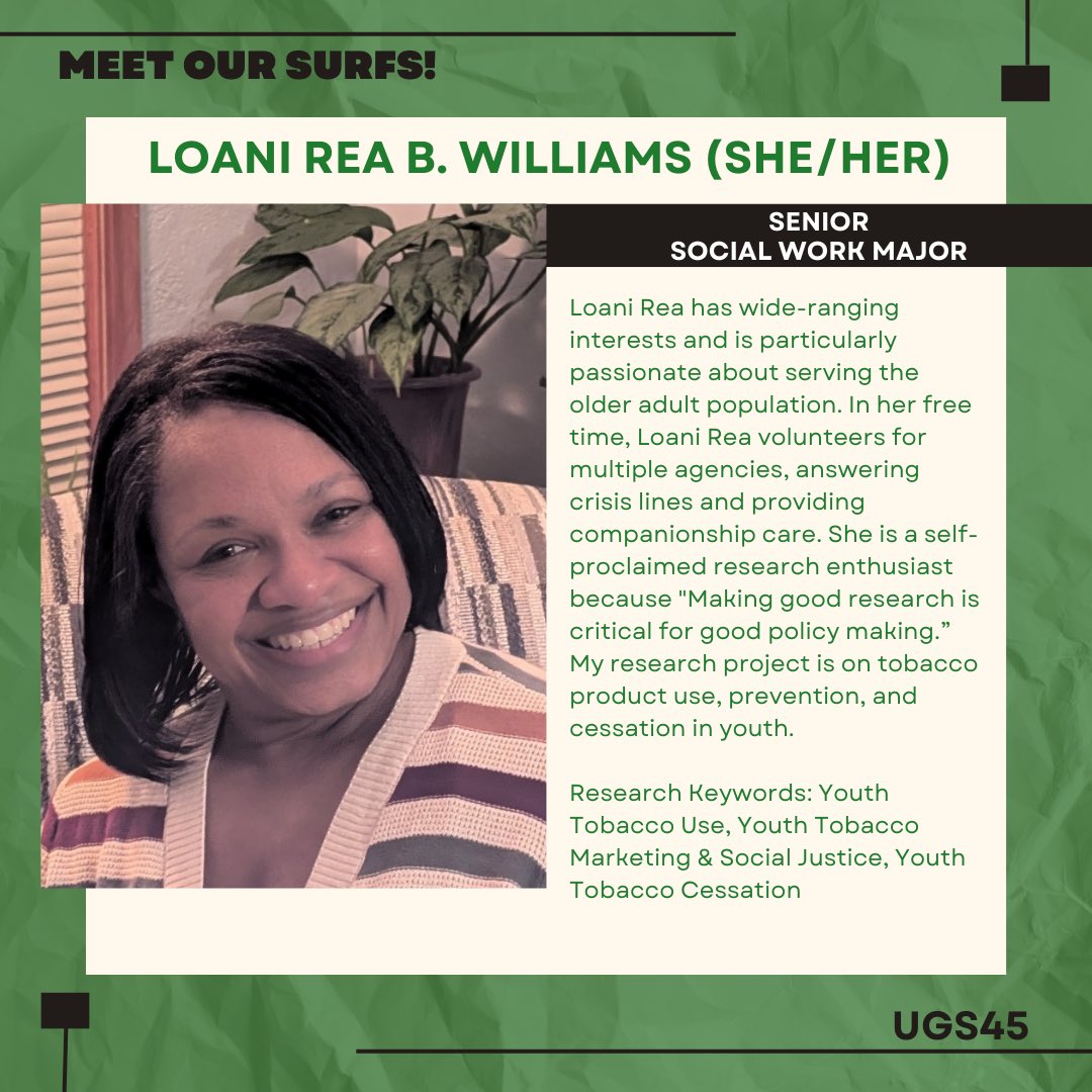 Next up for our SURFS spotlight is Loani Rea B. Williams! Our Symposium Undergraduate Research Fellows (SURFS) are selected students who applied for the fellowship, which will help lead them to participate in the Undergraduate Symposium in March!