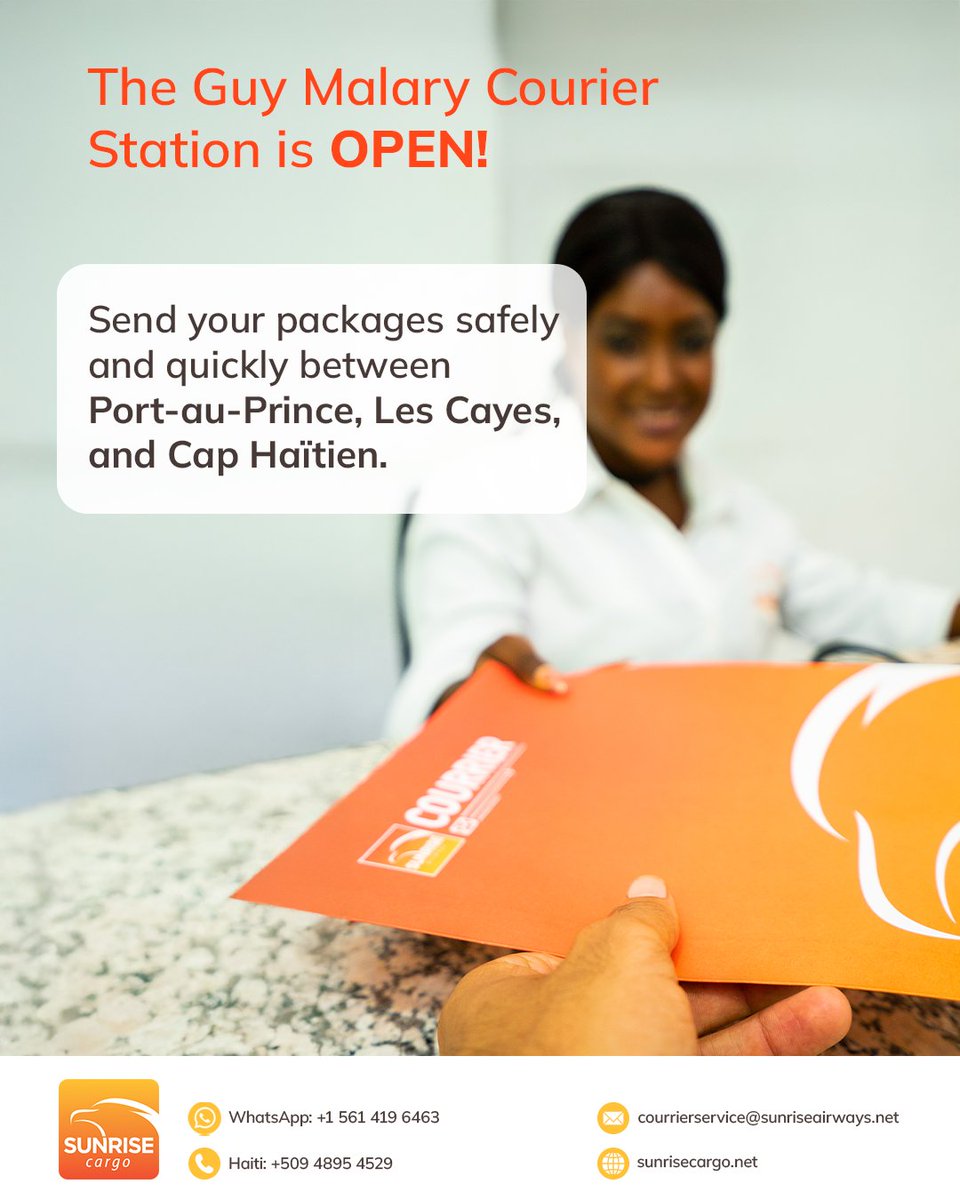 SunriseAirways's tweet photo. The Guy Malary Courier Station is open! 📦 ✈️

Send your packages safely and quickly between Port-au-Prince, Les Cayes, and Cap Haïtien.

#sunriseairways #Haiti #ServiceCourrier #CourierService #SunriseCourierAndCargo https://t.co/TrBmJj9dYh