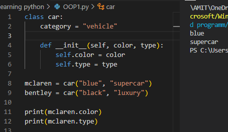 Amit1525_27's tweet photo. DAY [19] of learning Python! 🐍
Today’s progress:
🚀 Just learned the basics of OOP in Python!
✅ learned initial ( __init__ ) function.
✅Attributes - object attribute > class attribute https://t.co/yx5eeD9E7m