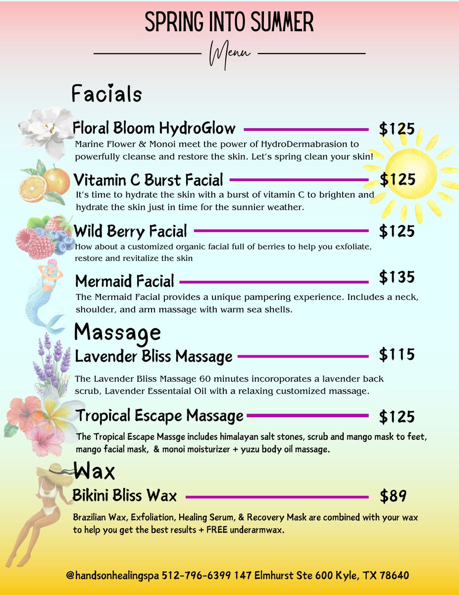 handsonhealing1's tweet photo. 🌼✨ indulge in our fresh Spring into Summer menu! Savor the vibrant flovors of the season and enjoy 15% off your booking when you reserve your appointment by February 27. Don't miss out.🌷#handsonhealingspa #eminenceorganics #imageskincare #brazilianwax #kyletx https://t.co/kkZ2QAGZay