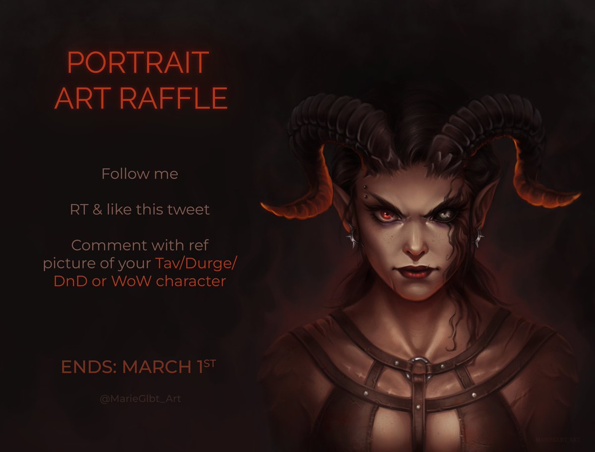 Portrait art raffle ✨☺️

If you want a free portrait of your character, don't hesitate to participate !

How to join:
Follow me
RT&amp;Like
Comment with your BG3/DnD/WoW character

The winner will be selected randomly on March 1st. 🖤

#artraffle #bg3 #tav #durge #dnd #warcraftart