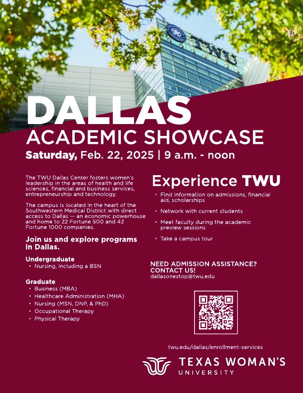 TWU OccupationalThpy (@twuoccthpy) on Twitter photo Please attend the Dallas Academic Showcase tomorrow, February 21st from 9-12 pm. You will see details in the poster below.
For follow-up questions, contact Karen York, Admission Coordinator for the School of OT at 940-898-2807 or ot@twu.edu. Thank you for your interest in TWU! Please attend the Dallas Academic Showcase tomorrow, February 21st from 9-12 pm. You will see details in the poster below.
For follow-up questions, contact Karen York, Admission Coordinator for the School of OT at 940-898-2807 or ot@twu.edu. Thank you for your interest in TWU!
