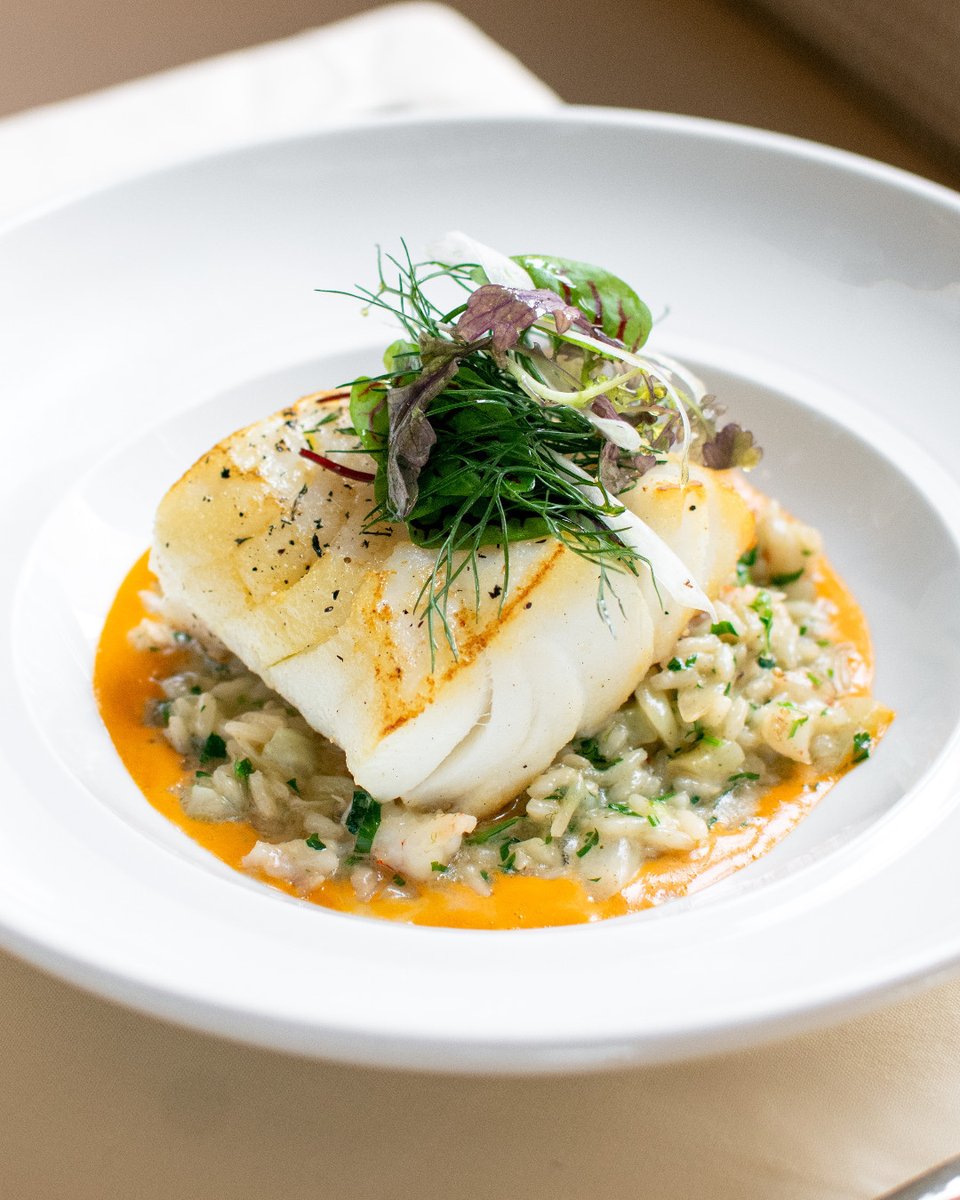 Our Pan Roasted Cod is prepared with Rock Shrimp &amp; Fennel Risotto and Crustacean Nage. Make your reservation at MistralBistro.com