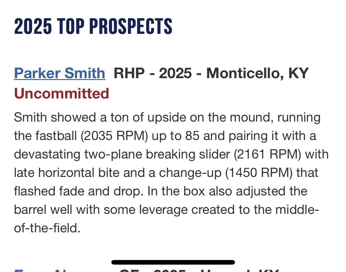 Congrats to 2025 Uncommitted RHP <a href="/ParkerS45175940/">Parker Smith</a> for being named to the Top Prospect list at the <a href="/PG_OhioValley/">Perfect Game Ohio Valley</a> Showcase. Great stuff, 3 pitch mix &amp; was up to 87/88 last Summer. Won’t be uncommitted for long. Might wanna jump on this one. A lot more in the ⛽️ as he adds size