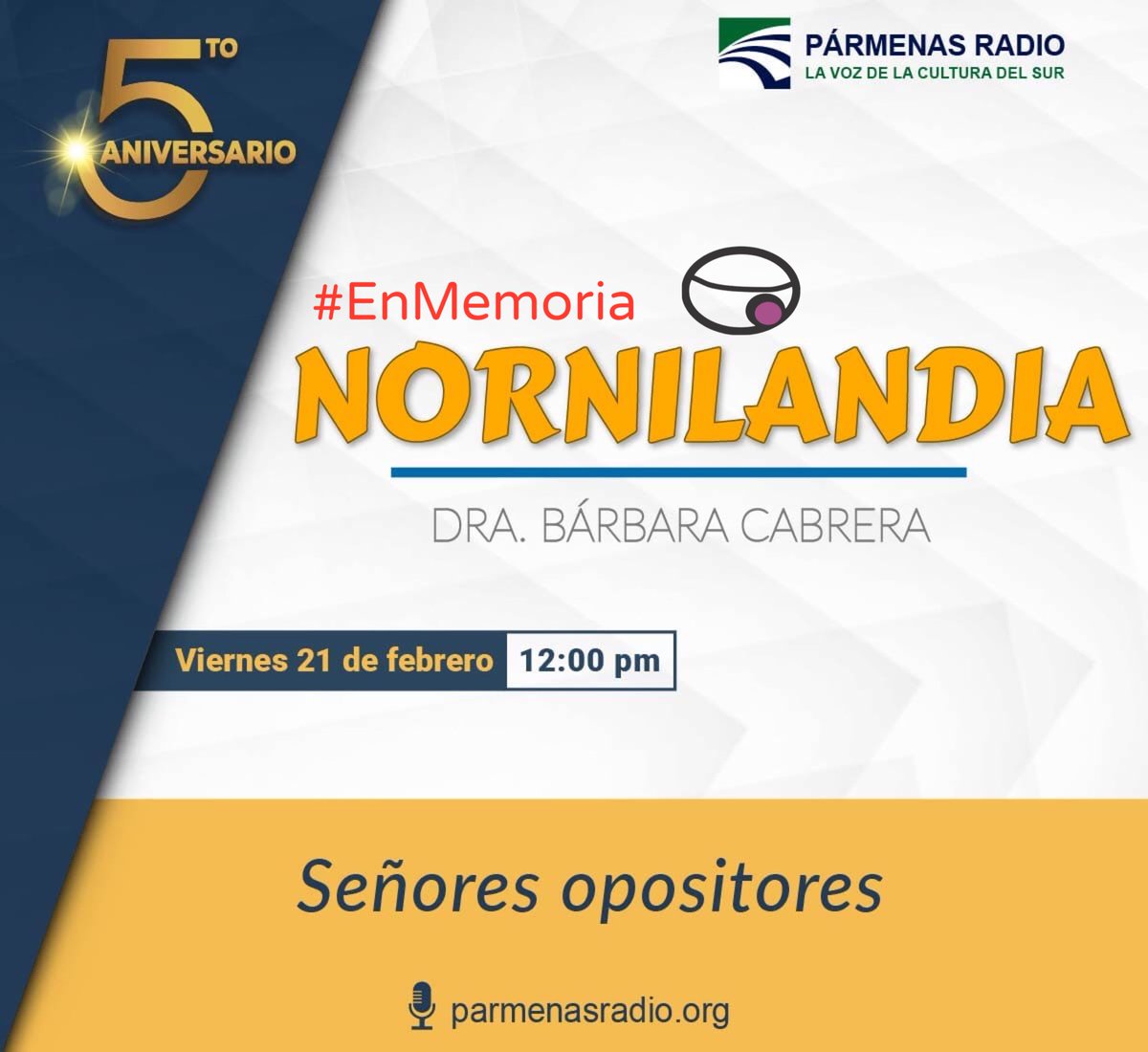 Los invitamos a escuchar la retransmisión de #ColumnaNornilandia #EnMemoria de la Dra. #BárbaraCabrera 

Por parmenasradio.org o dando click en el link de nuestra bio. 

#Nornilandia #críticaalpoder 
#2025añodebárbaracabrera