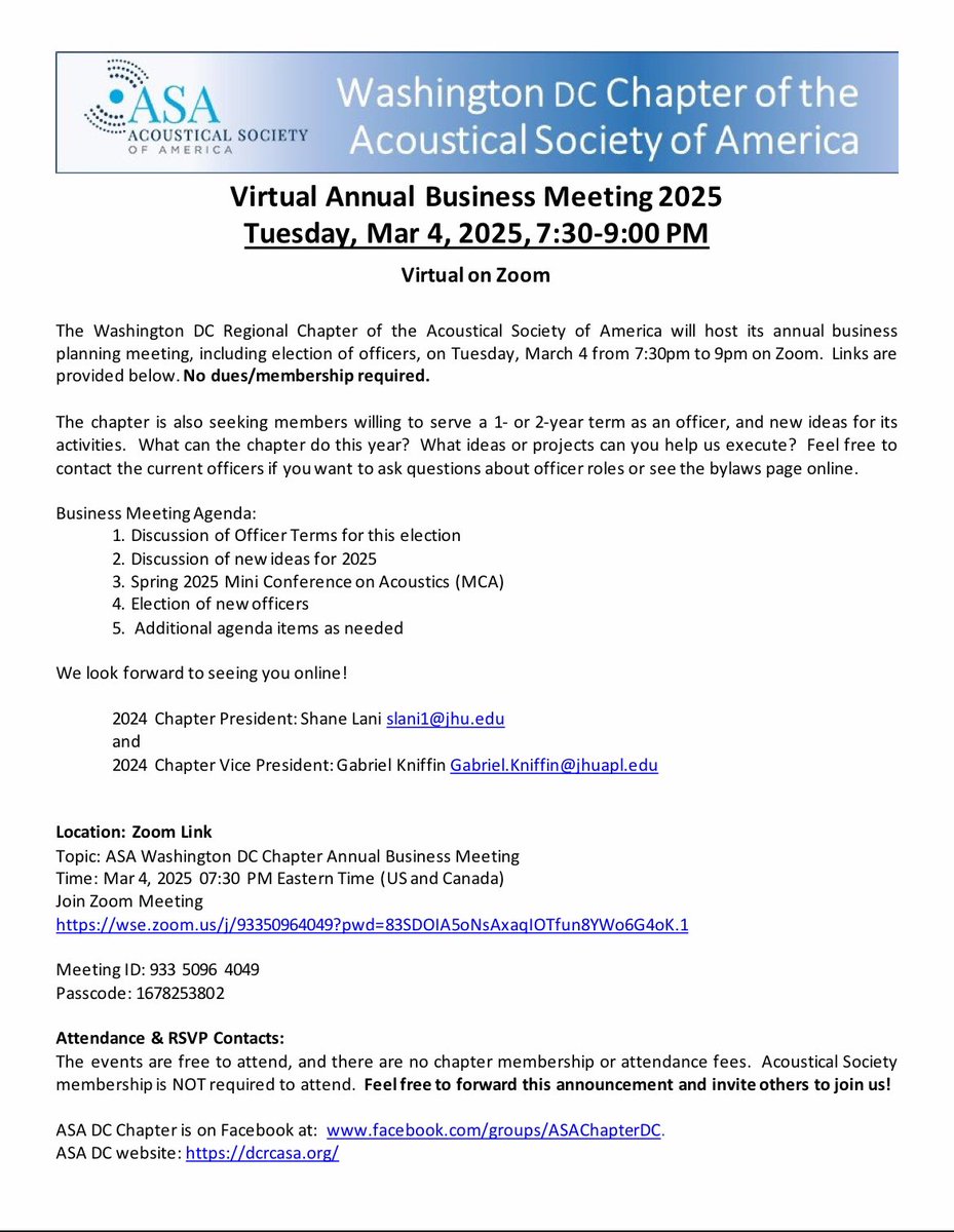 ASAChapterDC's tweet photo. Join the ASA-DC chapter for our annual planning meeting and officer elections Tuesday March 4, 2025 7:30-9 pm via zoom.  This is a great chance to share any ideas for chapter activities and network!

https://t.co/ibx6xvupOX https://t.co/q0KNTBVmdX