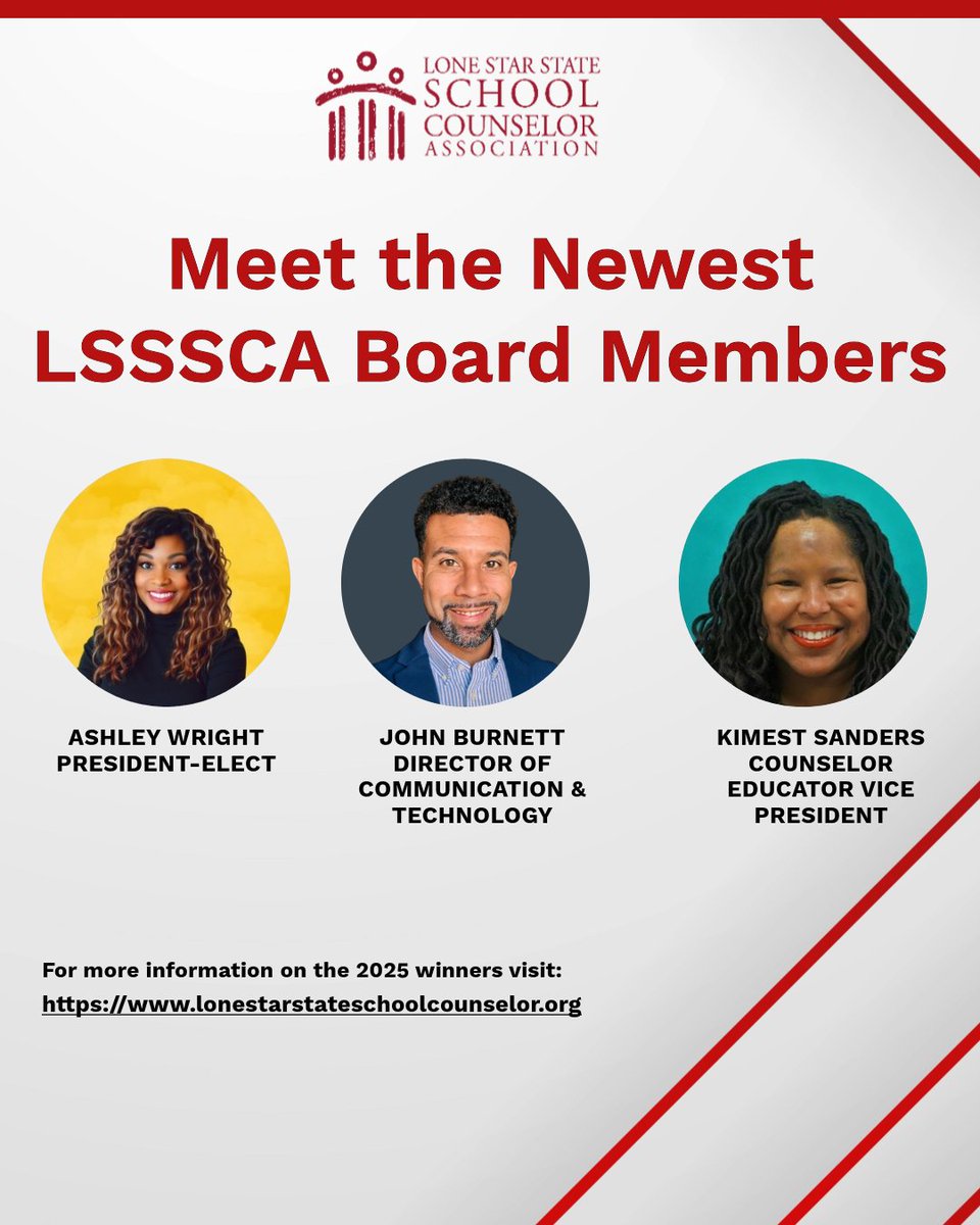 Elections results! Your voice! We are excited to announce our newest 2025 LSSSCA Board Winners! Congratulations! We look forward to your leadership and service to all school counselors across our great State of Texas! ❤️🎉
