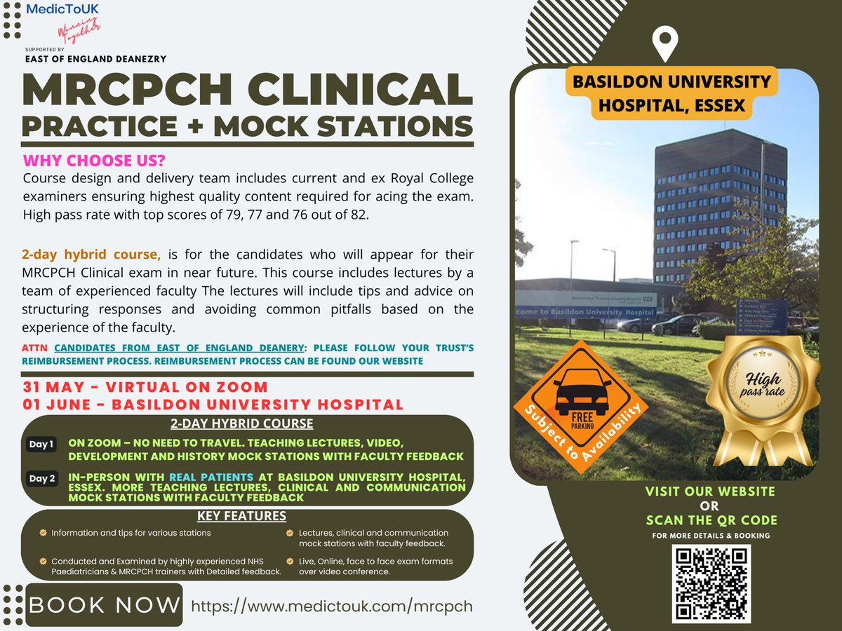 #MedicToUK's next MRCPCH courseis open for booking now for the 31st of May (online) and 1st of June (Basildon University hospital). Book now at medictouk.com/mrcpch. Please check the options for flexible payment. All deanery and non-trainees are also welcome.