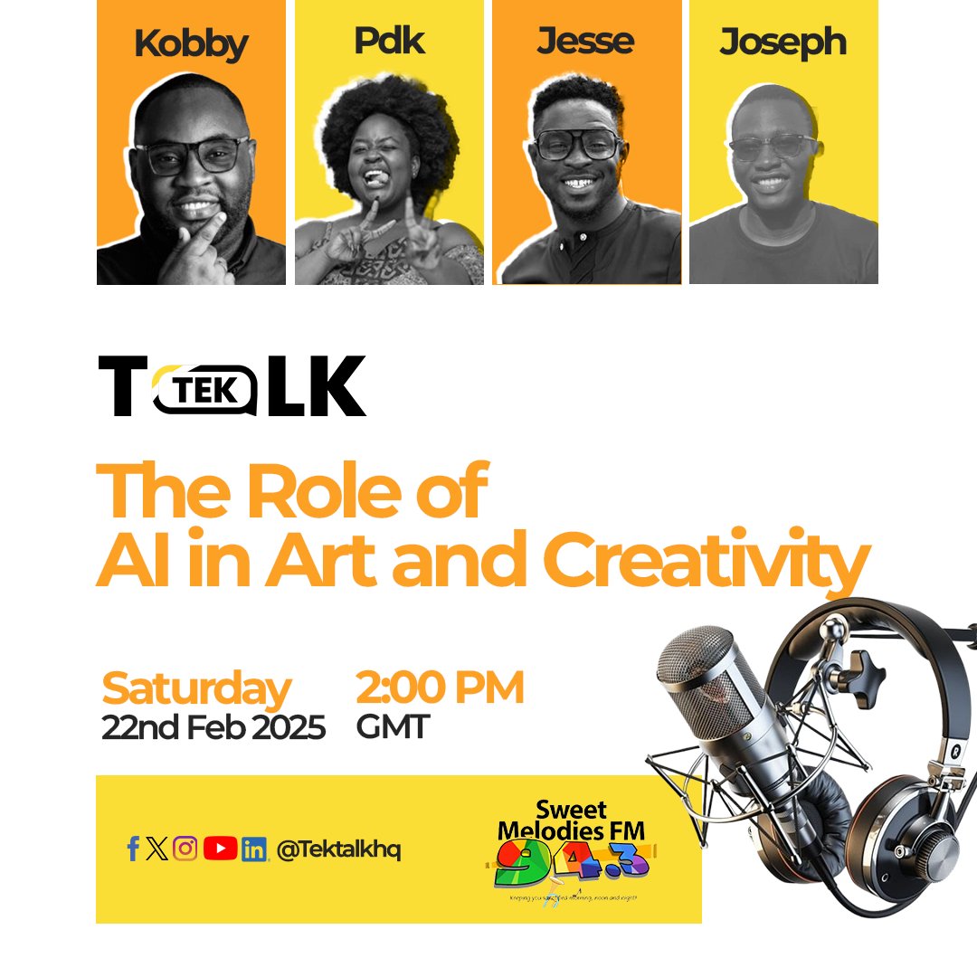 DigiKonvo's tweet photo. 🎨🤖 Can machines be creative?

This week on TEK Talk, we’re exploring how AI is transforming art, music, and storytelling! 

Join Kobby Prince &amp; panelists PDK, Jesse, and Joseph this Saturday at 2 PM on @SweetMelodiesFM 
📅 Sat | 2 PM
📻 Sweet Melodies 94.3 FM
#TEKTalk https://t.co/0lhhsoSMTf
