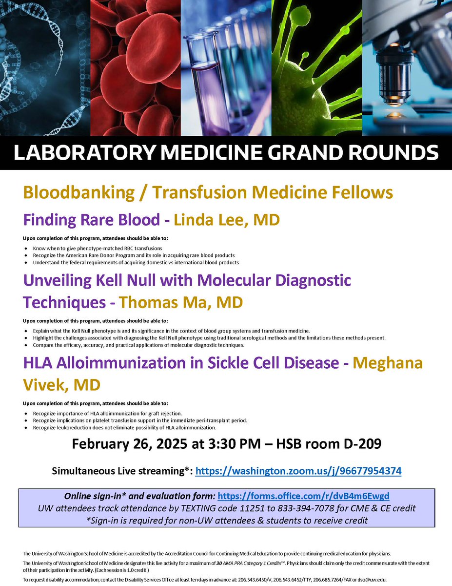 Join us for #laboratorymedicine #grandrounds "Bloodbanking / Transfusion Medicine Fellows" on Wed, Feb 26th at 3:30pm PT  Learn more: dlmp.uw.edu/events?trumbaE…………………… #MedEd #MedX