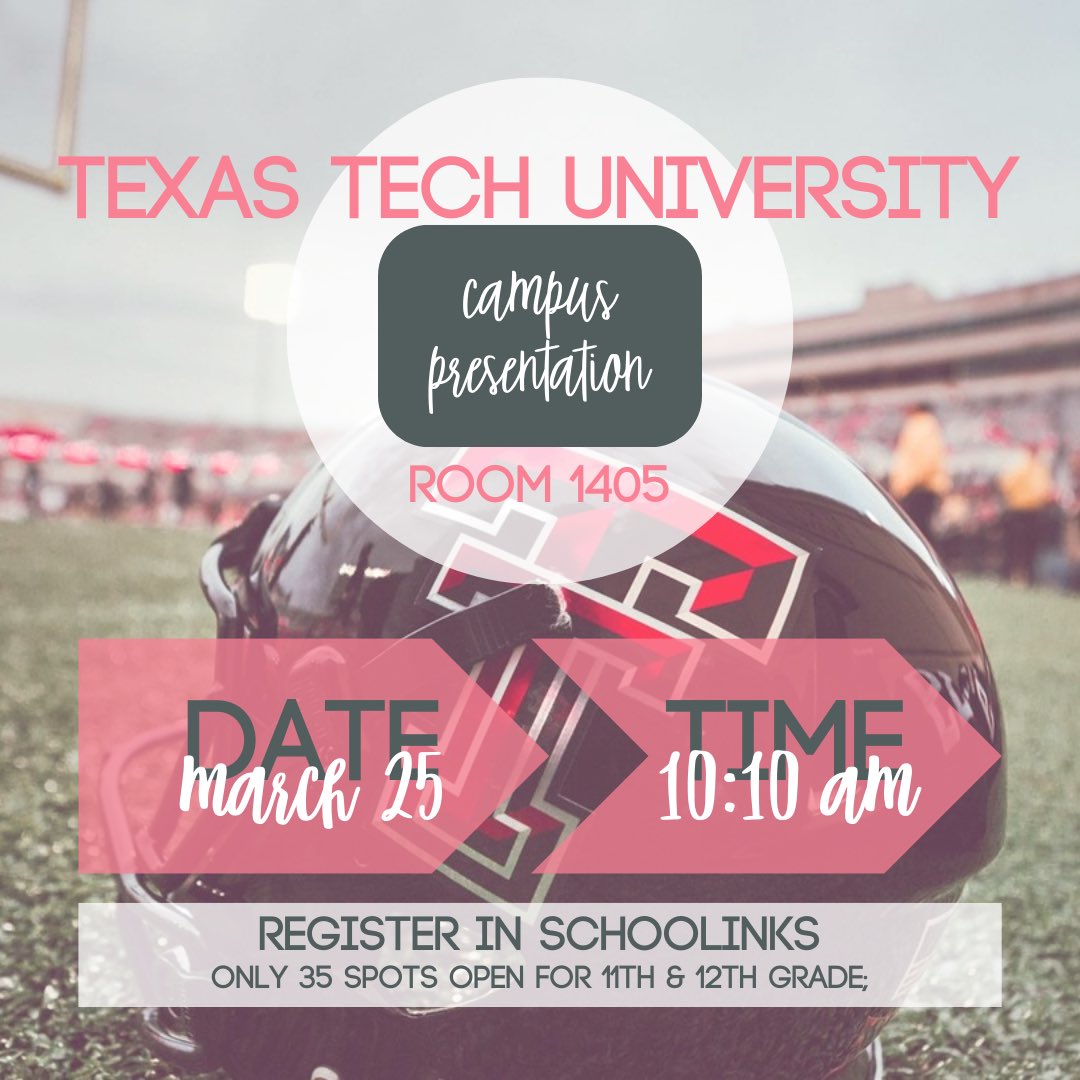 TTU Campus Presentation 
📆 Tuesday, March 25
⏰ 10:10 AM
📍 LGI (Room 1405)

A college representative from TTU will be here for a short 30 minute presentation and Q&amp;A session. The presentation is only available for juniors and seniors.

Register in SchooLinks!