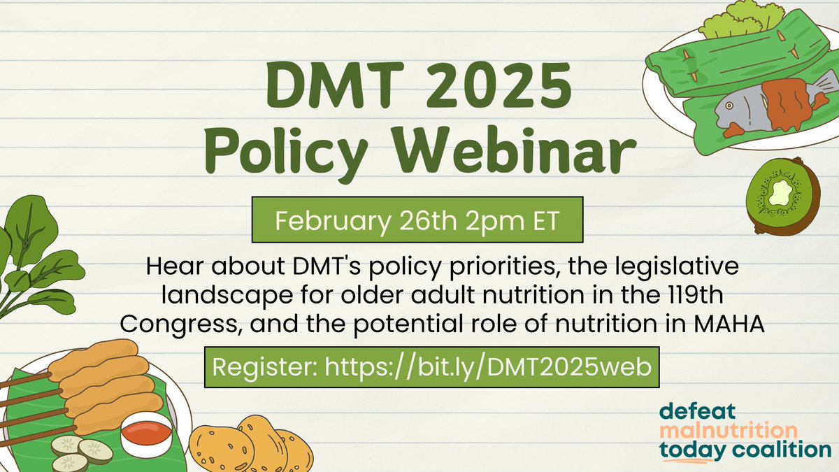 JOIN OUR WEBINAR!
We're hosting a 2025 policy webinar on Feb. 26 at 2 PM ET. Tune in to hear from our national coordinator, #bobblancato, on the current legislative landscape for older adult nutrition in the nation's capital. Register here: bit.ly/DMT2025web