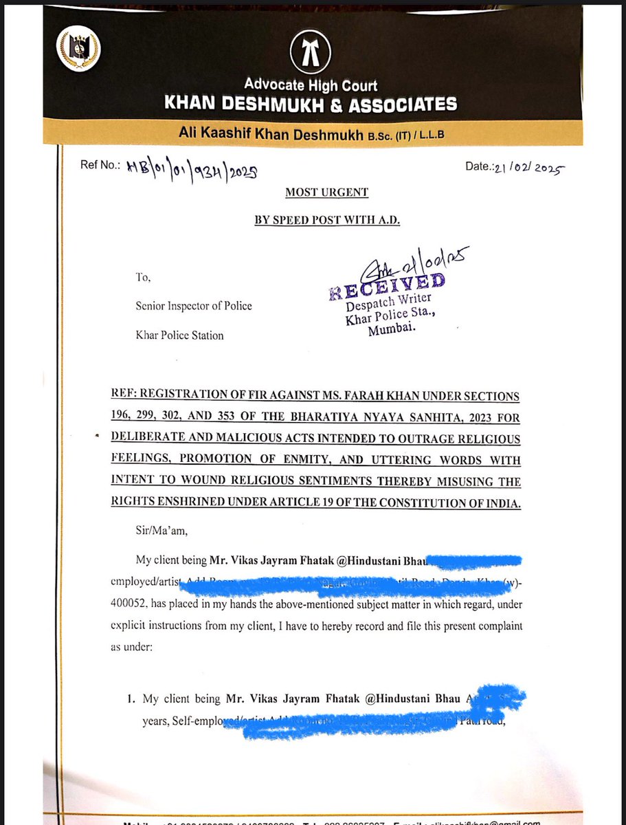 Filed criminal complaint against Farah Khan by <a href="/RealKingbhau/">Hindustani Bhau</a> with khar police for insulting the festival of Holi <a href="/MumbaiPolice/">मुंबई पोलीस - Mumbai Police</a>