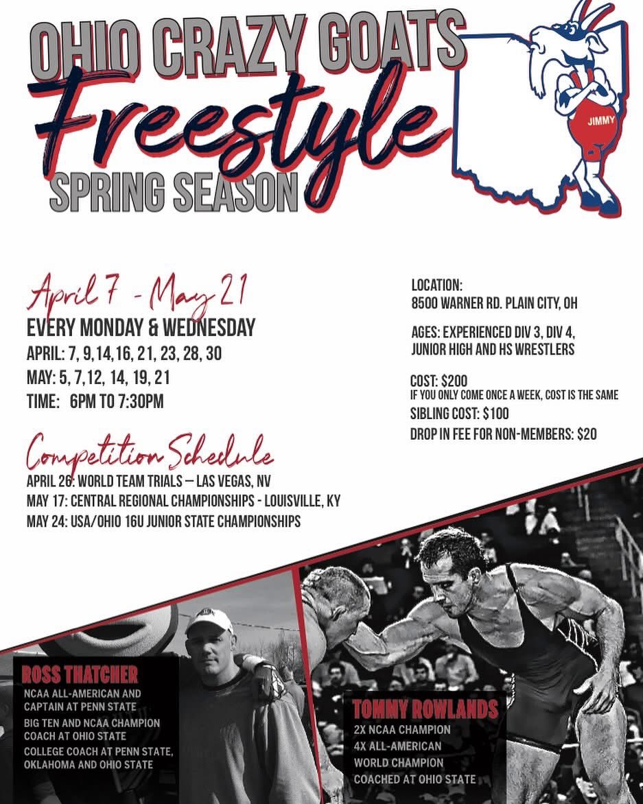 Spring Club is right around the corner. See info below. 🤼‍♂️🐐

#ohiocrazygoats
#WeAreBaaad
#columbuswrestling
#centralohiowrestling